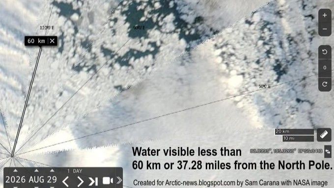 'A worrying snapshot': Satellite image shows large patches of open water less than 40 miles from the North Pole