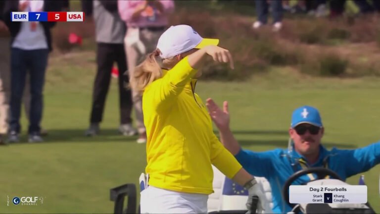 Maja Stark holes approach shot on first hole of afternoon fourballs session